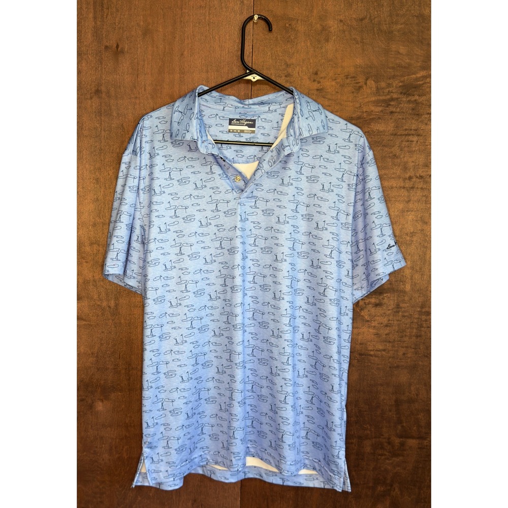 Ben Hogan Performance Mens Golf Polo Shirt Blue Golf Green Flag Print Size M